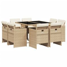 Ensemble à manger de jardin et coussins 9 pcs beige Poly rotin