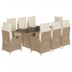 Ensemble à manger de jardin et coussins 9 pcs beige Poly rotin