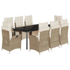 Ensemble à manger de jardin et coussins 9 pcs beige Poly rotin