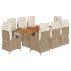 Ensemble à manger de jardin et coussins 9 pcs beige Poly rotin