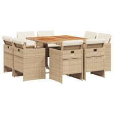 Ensemble à manger de jardin et coussins 9 pcs beige Poly rotin