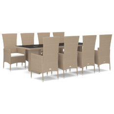 Ensemble à manger de jardin et coussins 9 pcs beige Poly rotin