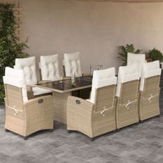 Ensemble à manger de jardin et coussins 9 pcs beige Poly rotin