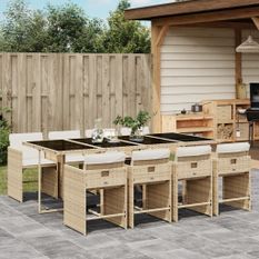 Ensemble à manger de jardin et coussins 9 pcs beige Poly rotin