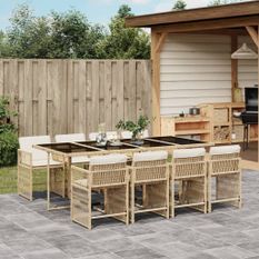 Ensemble à manger de jardin et coussins 9 pcs beige Poly rotin