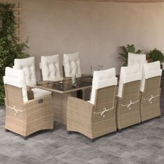 Ensemble à manger de jardin et coussins 9 pcs beige Poly rotin