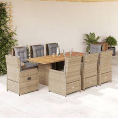 Ensemble à manger de jardin et coussins 9 pcs beige Poly rotin