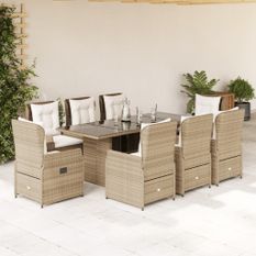 Ensemble à manger de jardin et coussins 9 pcs beige Poly rotin