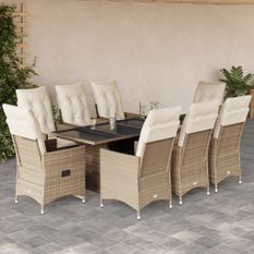 Ensemble à manger de jardin et coussins 9 pcs beige Poly rotin