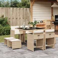 Ensemble à manger de jardin et coussins 9 pcs beige Poly rotin