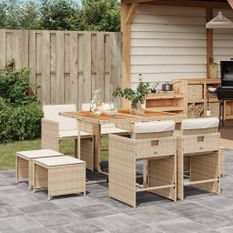 Ensemble à manger de jardin et coussins 9 pcs beige Poly rotin