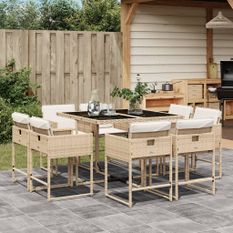 Ensemble à manger de jardin et coussins 9 pcs beige Poly rotin