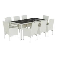 Ensemble à manger de jardin et coussins 9 pcs blanc rotin verre