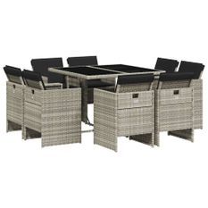 Ensemble à manger de jardin et coussins 9 pcs gris clair rotin