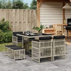 Ensemble à manger de jardin et coussins 9 pcs gris clair rotin