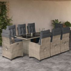 Ensemble à manger de jardin et coussins 9 pcs gris clair rotin