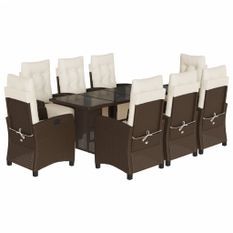 Ensemble à manger de jardin et coussins 9 pcs marron poly rotin