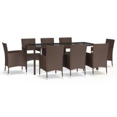 Ensemble à manger de jardin et coussins 9 pcs marron poly rotin