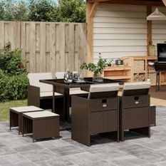 Ensemble à manger de jardin et coussins 9 pcs marron poly rotin