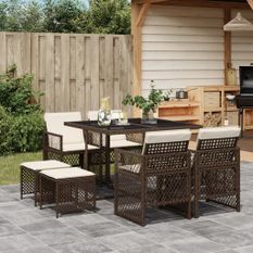 Ensemble à manger de jardin et coussins 9 pcs marron poly rotin