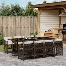 Ensemble à manger de jardin et coussins 9 pcs marron poly rotin