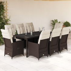 Ensemble à manger de jardin et coussins 9 pcs marron poly rotin