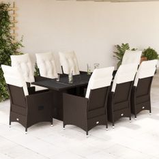 Ensemble à manger de jardin et coussins 9 pcs marron poly rotin