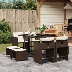 Ensemble à manger de jardin et coussins 9 pcs marron poly rotin