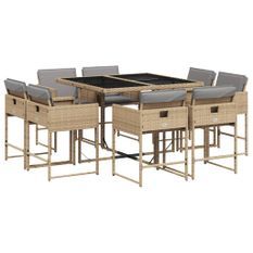 Ensemble à manger de jardin et coussins 9 pcs mélange beige