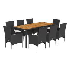 Ensemble à manger de jardin et coussins 9 pcs noir rotin acacia