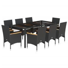 Ensemble à manger de jardin et coussins 9 pcs noir rotin verre