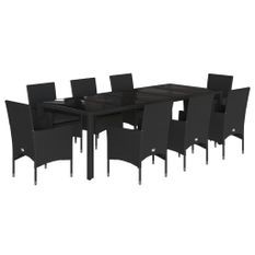 Ensemble à manger de jardin et coussins 9 pcs noir rotin verre