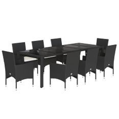 Ensemble à manger de jardin et coussins 9 pcs noir rotin verre