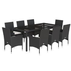 Ensemble à manger de jardin et coussins 9 pcs noir rotin verre