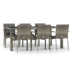 Ensemble à manger jardin et coussins 7 pcs gris rotin
