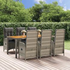 Ensemble à manger jardin et coussins 7 pcs gris rotin
