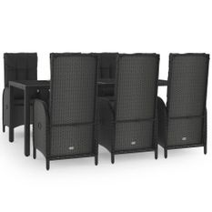 Ensemble à manger jardin et coussins 7 pcs Noir et gris Rotin
