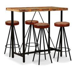 Ensemble de bar 5 pcs Bois de récupération Cuir véritable et toile