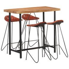 Ensemble de bar 5 pcs Bois solide et cuir véritable 2