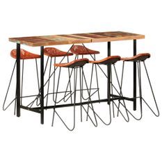 Ensemble de bar 7 pcs Bois de récupération et cuir véritable 2