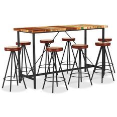 Ensemble de bar 9 pcs Bois de récupération et cuir véritable 2