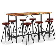 Ensemble de bar 9 pcs Bois de récupération et cuir véritable