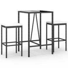 Ensemble de bar de jardin 3 pcs avec coussins noir poly rotin