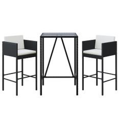 Ensemble de bar de jardin 3 pcs avec coussins noir poly rotin