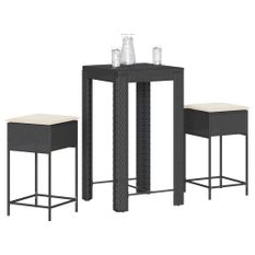 Ensemble de bar de jardin 3 pcs avec coussins noir poly rotin