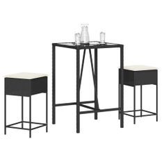 Ensemble de bar de jardin 3 pcs avec coussins noir poly rotin