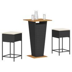 Ensemble de bar de jardin 3 pcs avec coussins noir poly rotin