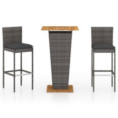 Ensemble de bar de jardin 3 pcs et coussins Résine tressée Gris 7