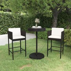 Ensemble de bar de jardin 3 pcs et coussins Résine tressée Noir 10