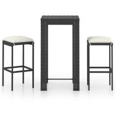 Ensemble de bar de jardin 3 pcs et coussins Résine tressée Noir